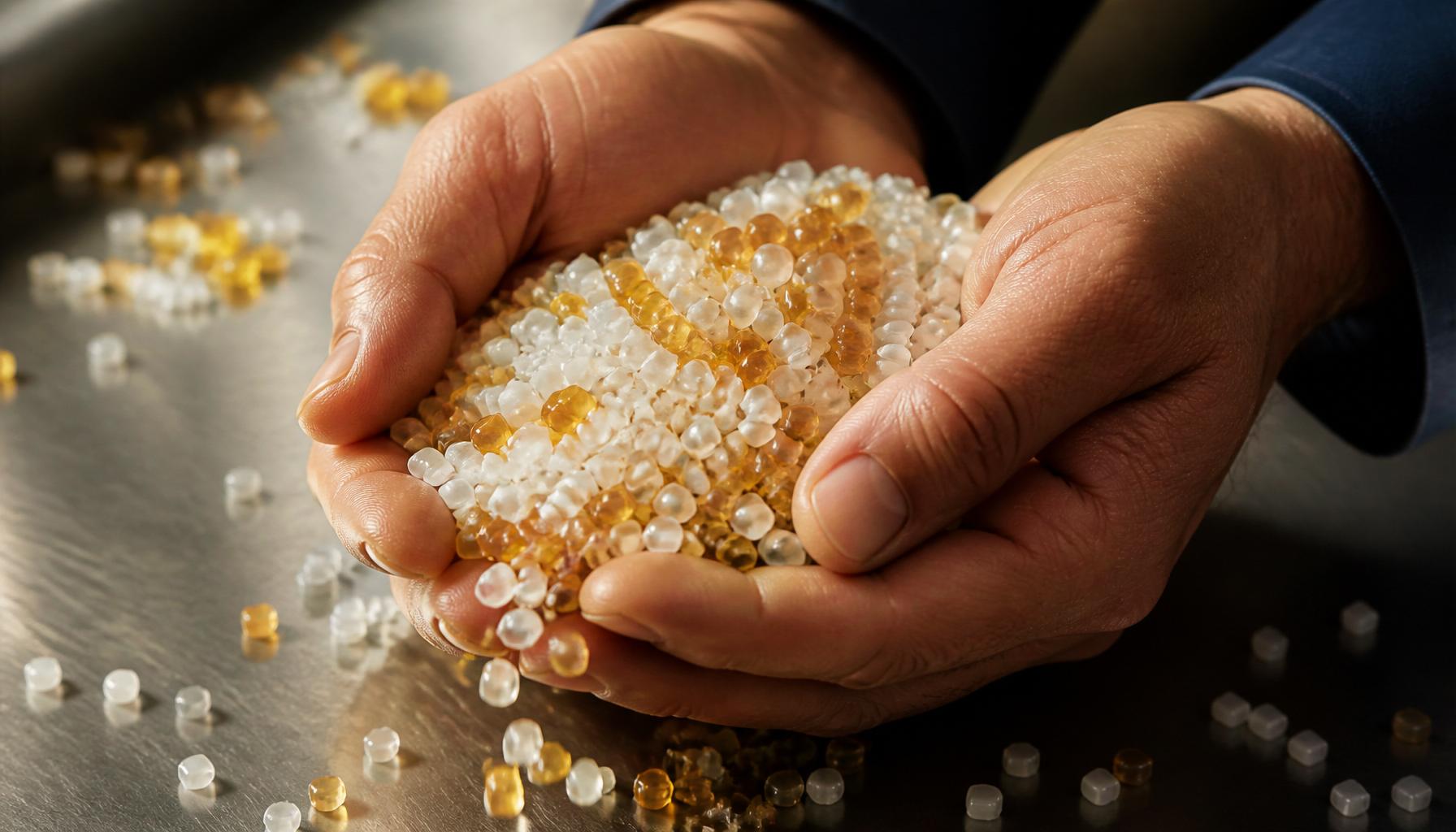 Inspecting polymer pellets by hand at the workbench