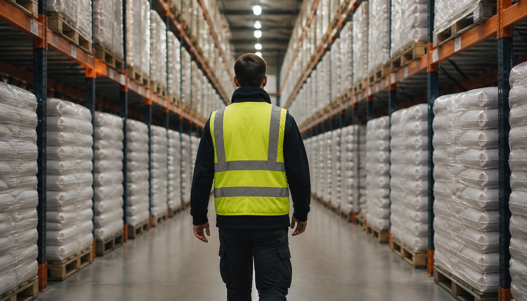 Warehouse aisle with palletized polymer sacks