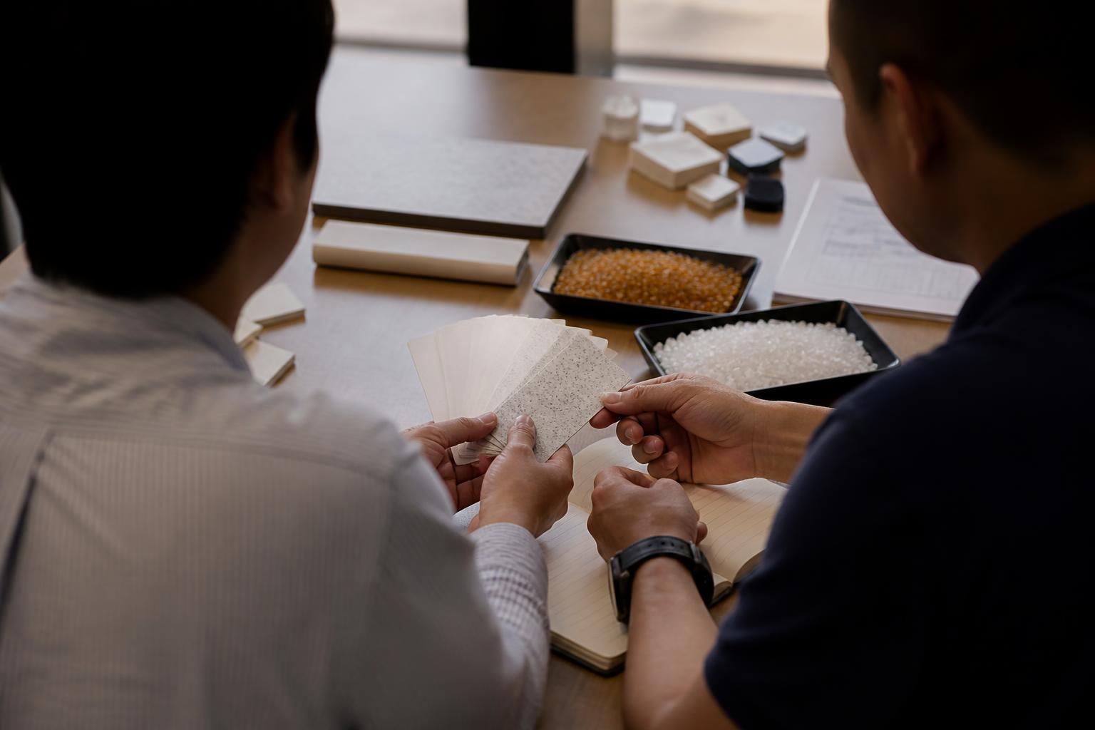 Two professionals reviewing material sample cards