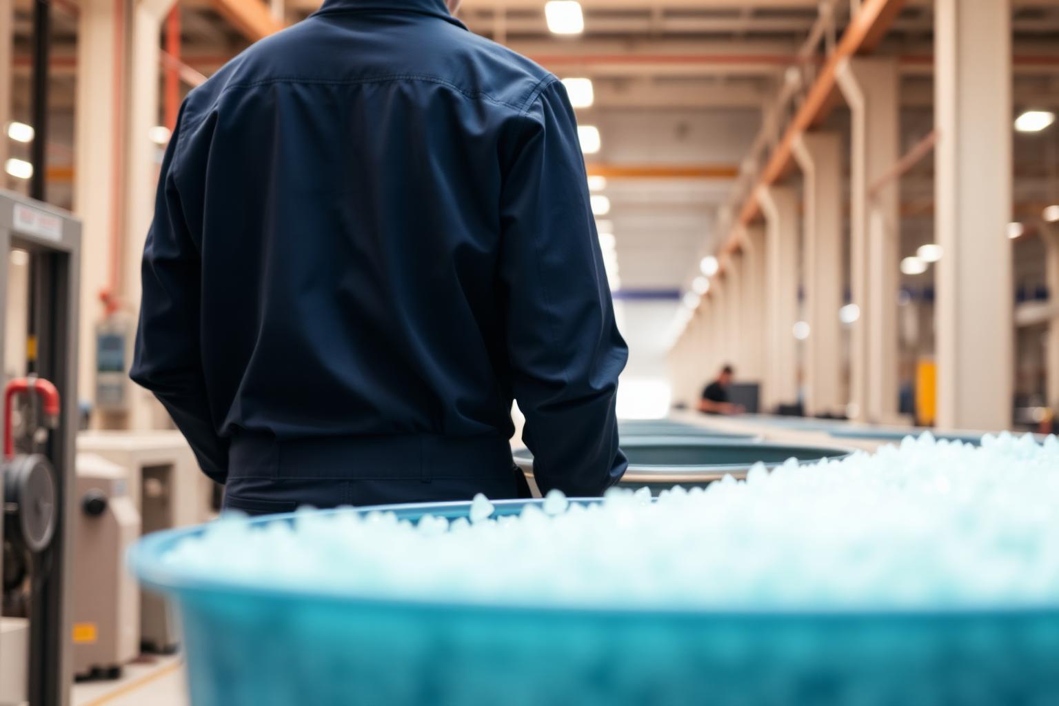 Operator at a polymer production line with granulate hopper in view