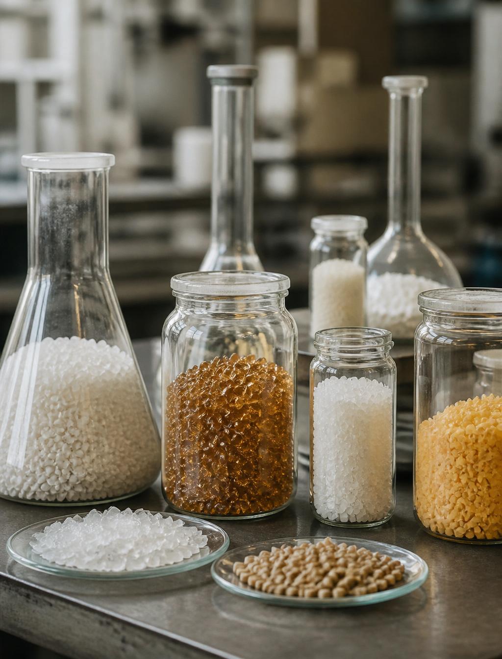 Polymer sample flasks on the laboratory bench